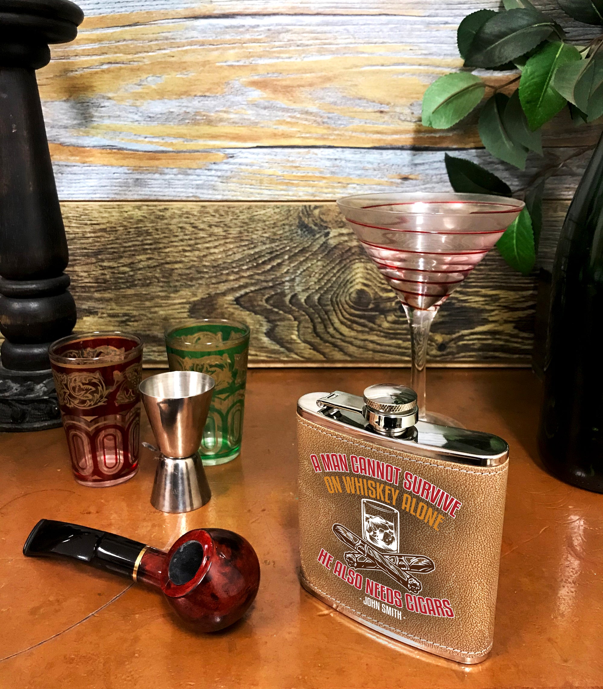 Personalized 6 oz Leatherette Flask: A Man Cannot Exist on Whiskey Alone