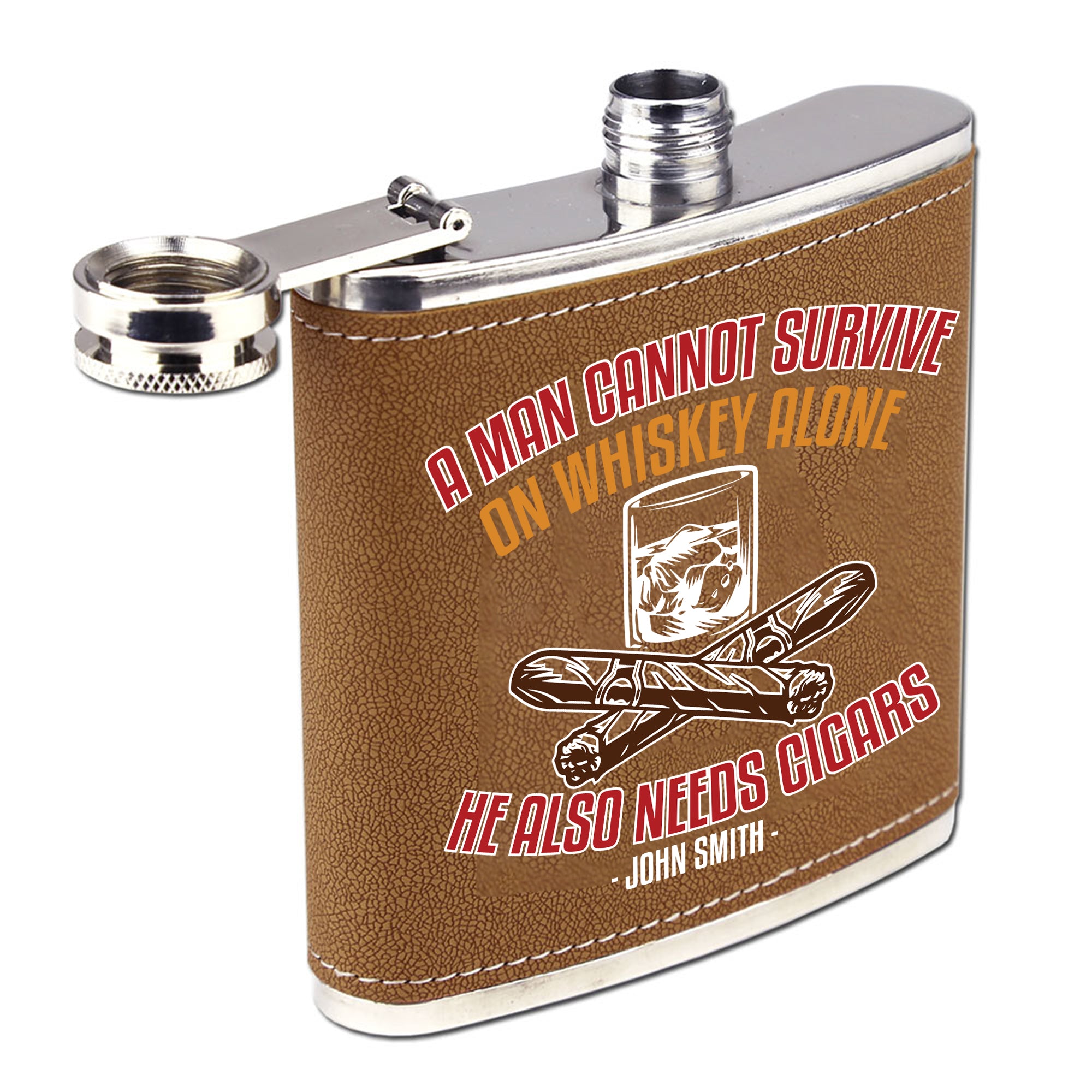 Personalized 6 oz Leatherette Flask: A Man Cannot Exist on Whiskey Alone