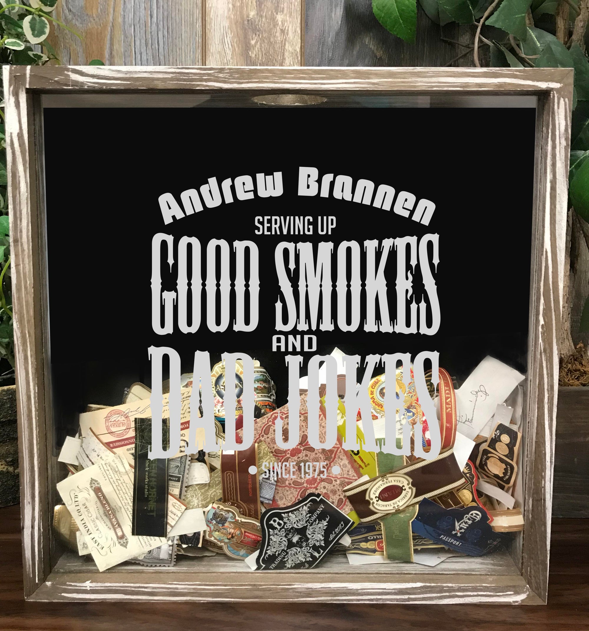 Personalized Acid Wash Cigar Band Shadow Box - Good Smokes & Dad Jokes