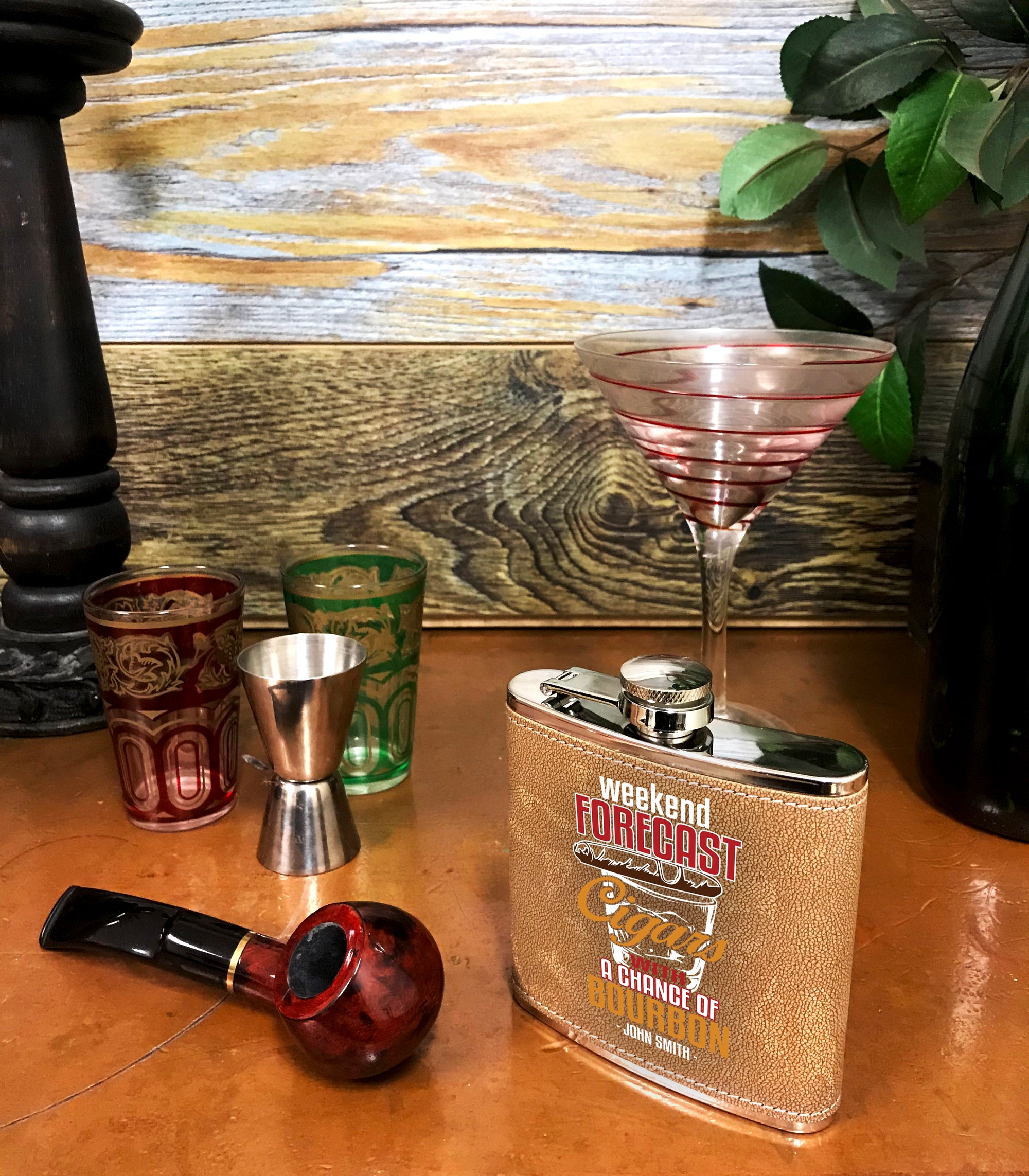 Personalized 6 oz Leatherette Flask: Weekend Forecast